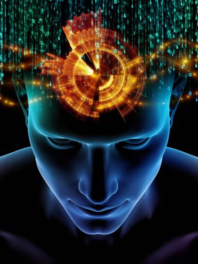 Zihin dizi elemanları. insan kafası ve sembolleri bilim, eğitim ve zihin gücü konusunda teknolojinin 3D çizimi