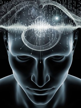 Zihin Dalgaları serisi. İnsan kafası ve teknoloji sembollerinin soyut düzenlenmesi bilinç, beyin, zeka ve yapay zeka projeleri için uygundur.