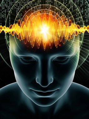 Dalgalar serisi için sorun. Soyut Tasarım insan kafası ve bilinç, beyin, akıl ve yapay zeka konusunda teknoloji simgeler 3d çizimi yapılmış