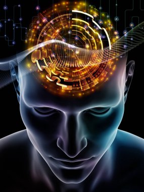 Dalgalar serisi için sorun. İnsan kafası ve bilinç, beyin, akıl ve yapay zeka konusunda teknoloji simgeler 3d çizimi fon