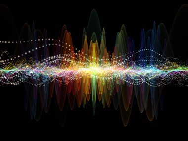 Dalga Fonksiyonu serisi. Ses eşitleyici, müzik spektrumu ve kuantum olasılığıyla ilgili projeler için arkaplan görevi görecek renkli sinüs titreşimleri, ışık ve fraktal elementlerden oluşan tasarım