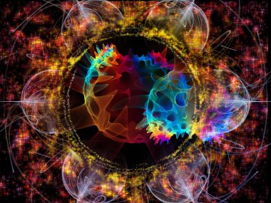 Dalga Fonksiyonu serisi. Ses eşitleyici, müzik spektrumu ve kuantum olasılığı için renkli sinüs titreşimleri, ışık ve fraktal elementlerin grafiksel bileşimi