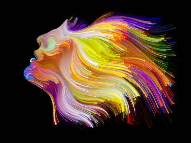 Yüz renk serisi. İnsan profili ve yaratıcılık, tasarım, iç dünya, içgüdü ve sanatsal ruh konusunda boya hareketli renkli çizgiler soyut tasarım yapılmış