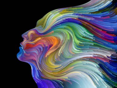 Yüz renk serisi. Tasarım insan profili ve boya bir metafor olarak yaratıcılık, tasarım, iç dünya, içgüdü ve sanatsal ruh konusunda hareketli renkli çizgiler oluşur