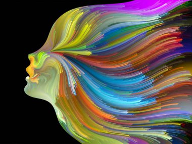 Yüz renk serisi. Sanatsal soyutlama insan profili ve yaratıcılık, tasarım, iç dünya, içgüdü ve sanatsal ruh konusunda boya hareketli renkli çizgiler oluşur