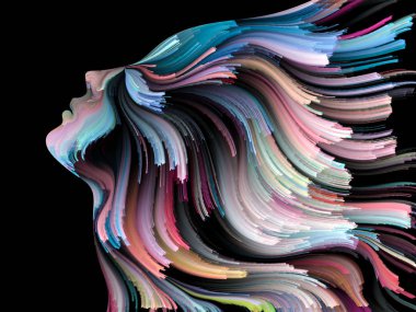 Yüz renk serisi. İnsan profili ve yaratıcılık, tasarım, iç dünya, içgüdü ve sanatsal ruhu projelerde kullanılmak üzere boya hareketli renkli çizgiler arka plan yapılmış