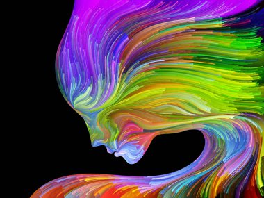 Yüz renk serisi. Zemin insan profili ve yaratıcılık, tasarım, iç dünya, içgüdü ve sanatsal ruh konusunda boya hareketli renkli çizgiler