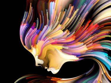 Yüz renk serisi. İnsan profili ve yaratıcılık, tasarım, iç dünya, içgüdü ve sanatsal ruh konusunda boya hareketli renkli çizgiler bileşimi