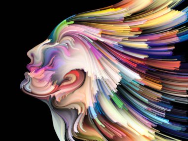Yüz renk serisi. İnsan profili ve yaratıcılık, tasarım, iç dünya, içgüdü ve sanatsal ruh konusunda boya hareketli renkli çizgiler