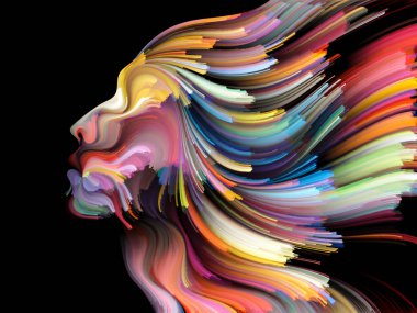 Yüz renk serisi. İnsan profili ve yaratıcılık, tasarım, iç dünya, içgüdü ve sanatsal ruh konusunda boya hareketli renkli çizgiler soyut tasarım yapılmış