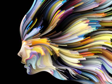 Yüz renk serisi. Tasarım insan profili ve boya bir metafor olarak yaratıcılık, tasarım, iç dünya, içgüdü ve sanatsal ruh konusunda hareketli renkli çizgiler oluşur