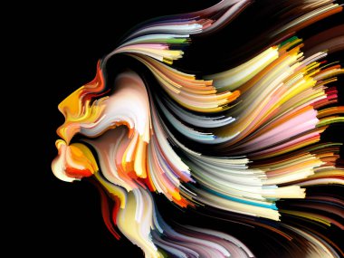 Yüz renk serisi. Zemin insan profili ve yaratıcılık, tasarım, iç dünya, içgüdü ve sanatsal ruh konusunda boya hareketli renkli çizgiler