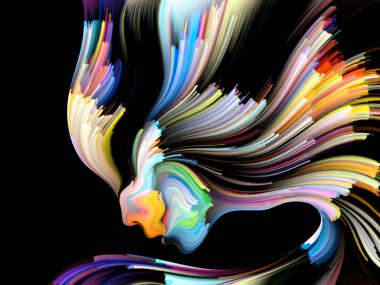 Yüz renk serisi. Sanatsal soyutlama insan profili ve yaratıcılık, tasarım, iç dünya, içgüdü ve sanatsal ruh konusunda boya hareketli renkli çizgiler oluşur