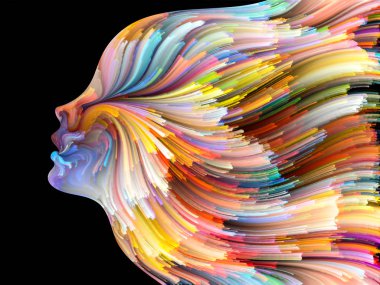 Yüz renk serisi. İnsan profili ve yaratıcılık, tasarım, iç dünya, içgüdü ve sanatsal ruhu projelerde kullanılmak üzere boya hareketli renkli çizgiler arka plan yapılmış