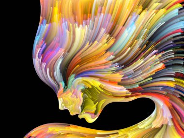 Yüz renk serisi. İnsan profili ve yaratıcılık, tasarım, iç dünya, içgüdü ve sanatsal ruhu boya mecazi ilişki ile hareketli renkli çizgiler bileşimi