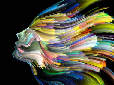 Yüz renk serisi. İnsan profili ve boya bir kavramı mecaz yaratıcılık, tasarım, iç dünya, insan doğası ve sanatsal ruhu konuda hareketli renkli çizgiler yaratıcı düzenleme