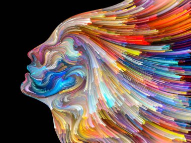 Yüz renk serisi. Tasarım projeleri için fon olarak hizmet etmek için insan profili ve boya hareketli renkli çizgiler yapılmış yaratıcılık, tasarım, iç dünya, içgüdü ve sanatsal ruhu ile ilgili