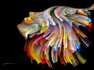 Yüz renk serisi. İnsan profili ve boya düzenleri yaratıcılık, tasarım, iç dünya, insan doğası ve sanatsal ruhu içinde uygun hareketli renkli çizgiler görsel olarak çekici zemin yaptı