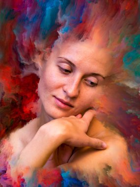 Onun Dünya serisi. Duygular, duygular, iç dünya, yaratıcılık ve hayal gücü konusunda canlı boya ile arka plan kompozisyonu kadın portresi erimiş