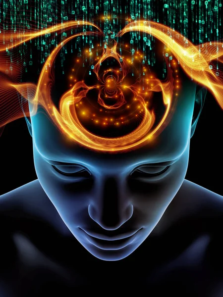 Zihin dizi elemanları. insan kafası ve sembolleri bilim, eğitim ve zihin gücü konusunda teknolojinin 3D çizimi