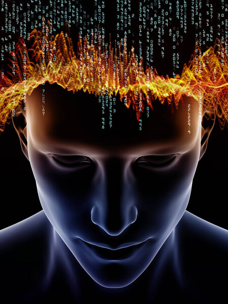 Серия Mind Waves. Фон 3D иллюстрации человеческой головы и технологических символов в дополнение к вашему дизайну на тему сознания, мозга, интеллекта и искусственного интеллекта
