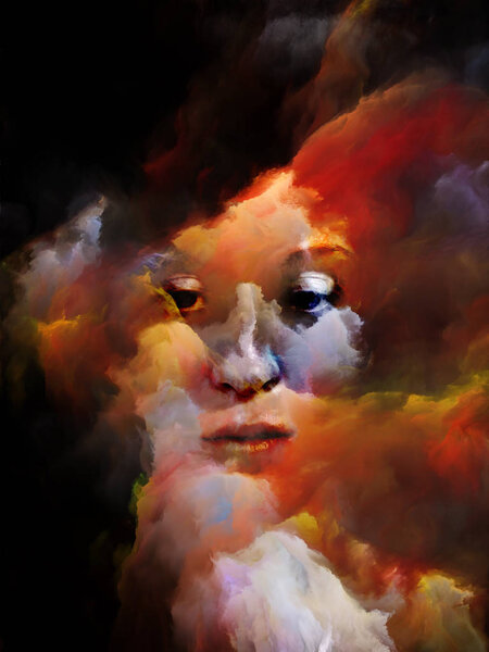 Soul Shadow series. Surreal portrait of female face fused with colored fractal nebula texture on the subject of dreams, nightmares, imagination, mental health, creativity and human mind