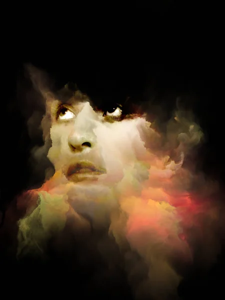 魂の影シリーズ 想像力 精神的健康 創造性と人間の心をテーマに色フラクタル星雲テクスチャーと融合した女性の顔の現実的な肖像画 — ストック写真