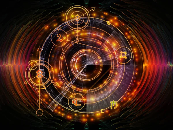 Astrales Glühen Anordnung Von Heiligen Geometrielinien Astrologischen Symbolen Und Lichtern — Stockfoto