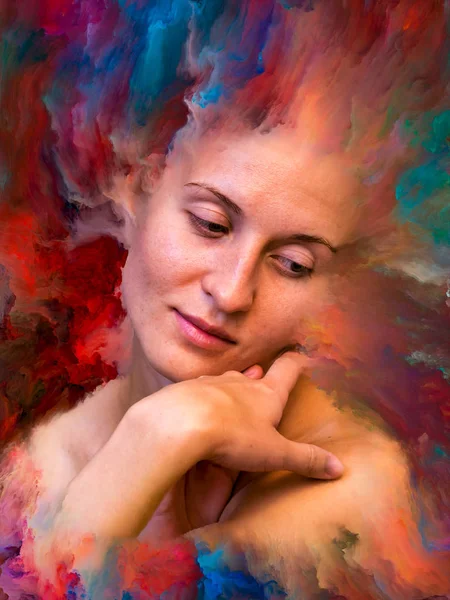 Onun Dünya serisi. Duygular, duygular, iç dünya, yaratıcılık ve hayal gücü konusunda canlı boya ile arka plan kompozisyonu kadın portresi erimiş