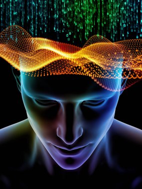 Zihin dizi elemanları. insan kafası ve sembolleri bilim, eğitim ve zihin gücü konusunda teknolojinin 3D çizimi