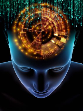 Zihin dizi elemanları. insan kafası ve sembolleri bilim, eğitim ve zihin gücü konusunda teknolojinin 3D çizimi