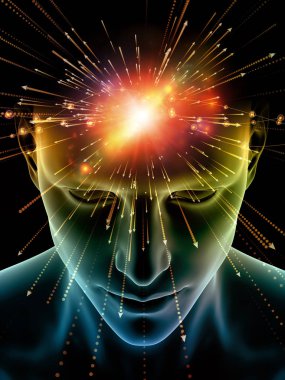 Zihin dizi elemanları. insan kafası ve sembolleri bilim, eğitim ve zihin gücü konusunda teknolojinin 3D çizimi