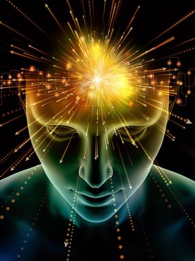 Zihin dizi elemanları. insan kafası ve sembolleri bilim, eğitim ve zihin gücü konusunda teknolojinin 3D çizimi
