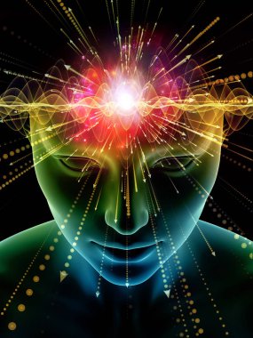 Zihin dizi elemanları. insan kafası ve sembolleri bilim, eğitim ve zihin gücü konusunda teknolojinin 3D çizimi