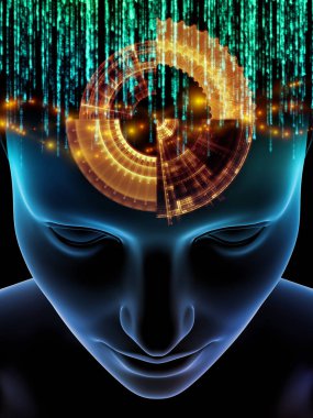 Zihin dizi elemanları. insan kafası ve sembolleri bilim, eğitim ve zihin gücü konusunda teknolojinin 3D çizimi