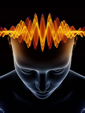 Dalgalar serisi için sorun. Soyut Tasarım insan kafası ve bilinç, beyin, akıl ve yapay zeka konusunda teknoloji simgeler 3d çizimi yapılmış