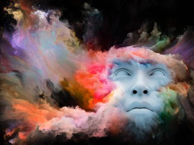 Sis serisi için sorun. Fraktal boya iç dünyası, hayalleri, duygu, yaratıcılık, hayal gücü ve insan aklının konu ile insan yüzü 3D render morphed