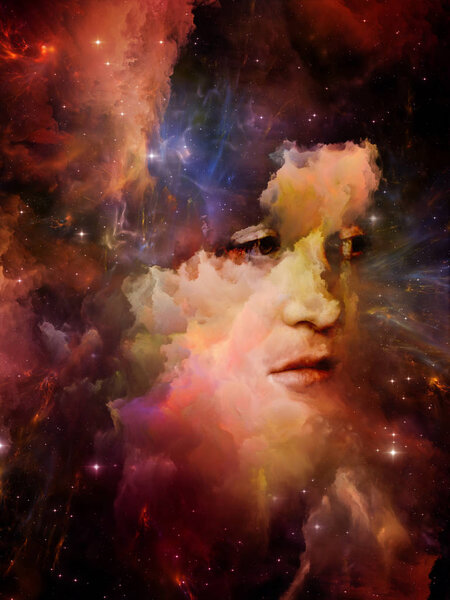 Will Universe Remember Us series. Backdrop of woman's face, nebula and stars on the subject of Universe, Nature, human mind and imagination