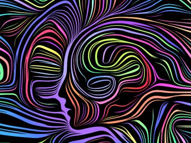 İç geometri serisi. İnsan insan ruhunun, iç tiyatro, sanat, şiir ve Maneviyat konusunda bir metafor olarak geleneksel gravür tarzda işlenen yüzü oluşan tasarım