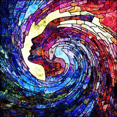 Spiral burgu serisi. Görsel olarak çekici zemin rengi parçaları vitray girdap paterni düzenleri renkli tasarım, yaratıcılık, sanat ve hayal gücü uygun yapılmış