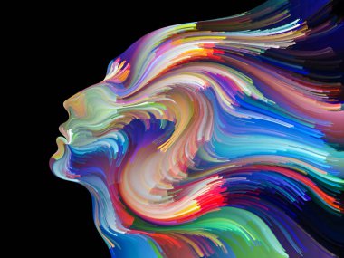 Yüz renk serisi. Tasarım insan profili ve boya bir metafor olarak yaratıcılık, tasarım, iç dünya, içgüdü ve sanatsal ruh konusunda hareketli renkli çizgiler oluşur