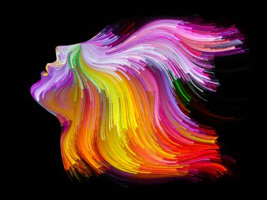 Yüz renk serisi. Zemin insan profili ve yaratıcılık, tasarım, iç dünya, içgüdü ve sanatsal ruh konusunda boya hareketli renkli çizgiler