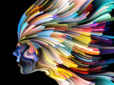 Yüz renk serisi. İnsan profili ve yaratıcılık, tasarım, iç dünya, içgüdü ve sanatsal ruh konusunda boya hareketli renkli çizgiler bileşimi