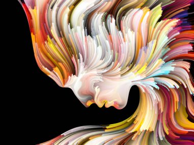 Yüz renk serisi. İnsan profili ve yaratıcılık, tasarım, iç dünya, içgüdü ve sanatsal ruh konusunda boya hareketli renkli çizgiler bileşimi