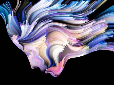 Yüz renk serisi. İnsan profili ve yaratıcılık, tasarım, iç dünya, içgüdü ve sanatsal ruh konusunda boya hareketli renkli çizgiler soyut tasarım yapılmış