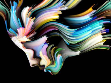 Yüz renk serisi. Arka plan tasarım insan profili ve yaratıcılık, tasarım, iç dünya, içgüdü ve sanatsal ruh konusunda boya hareketli renkli çizgiler