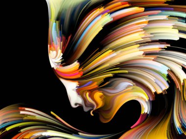 Renk serisinin yüzü. Yaratıcılık, tasarım, iç dünya, insan doğası ve sanatsal ruh projeleri için uygun bir zemin olarak insan profili ve renkli renkli boya çizgileri.