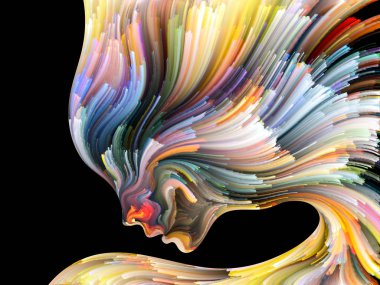 Yüz renk serisi. Zemin insan profili ve boya hareketli renkli çizgiler oluşmaktadır ve yaratıcılık, tasarım, iç dünya, içgüdü ve sanatsal ruhu projelerde kullanıma uygun