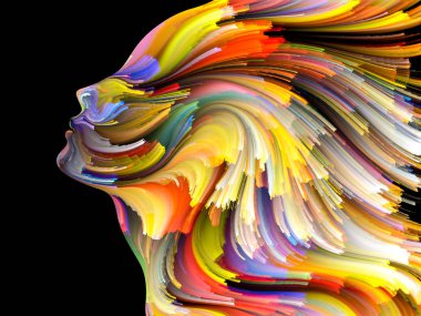 Yüz renk serisi. İnsan profili ve yaratıcılık, tasarım, iç dünya, içgüdü ve sanatsal ruhu projelerde kullanılmak üzere boya hareketli renkli çizgiler arka plan yapılmış