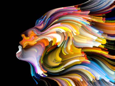 Yüz renk serisi. İnsan profili ve yaratıcılık, tasarım, iç dünya, içgüdü ve sanatsal ruhu boya mecazi ilişki ile hareketli renkli çizgiler bileşimi